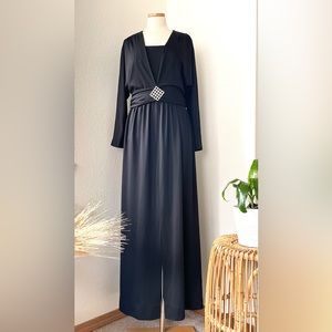 Vintage Black Polyester Long Sleeve Evening Gown Maxi Dress Designer Henry Lee